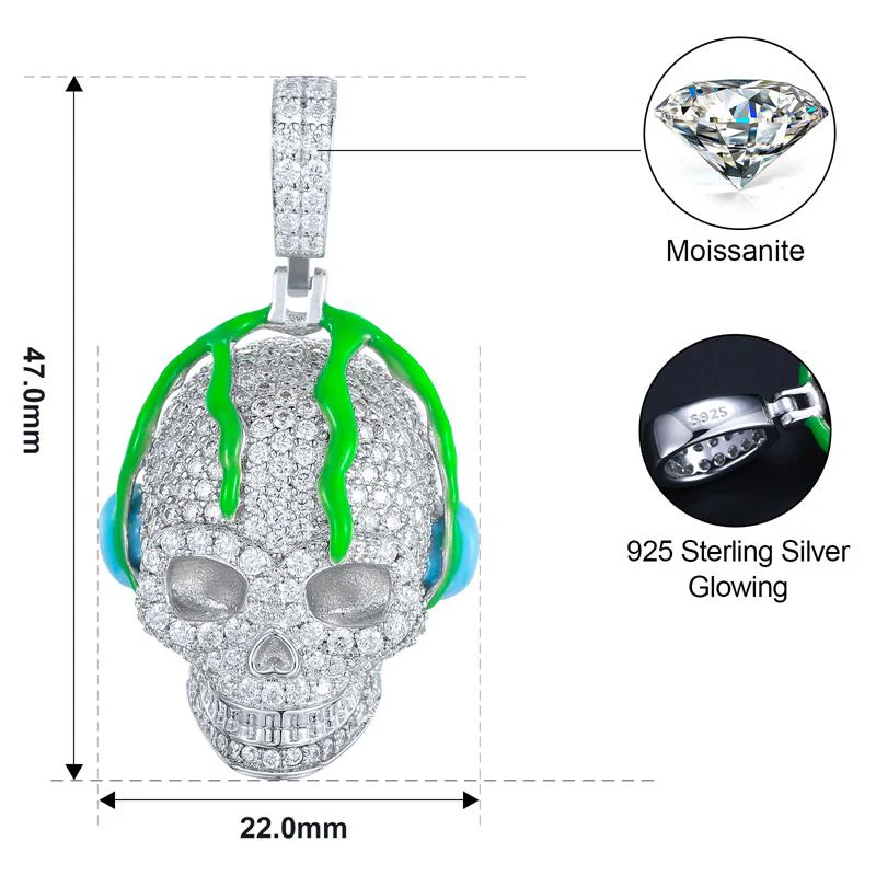 MOISSANITE GLOW IN THE DARK SKULL PENDANT IN STERLING SILVER - Image 7