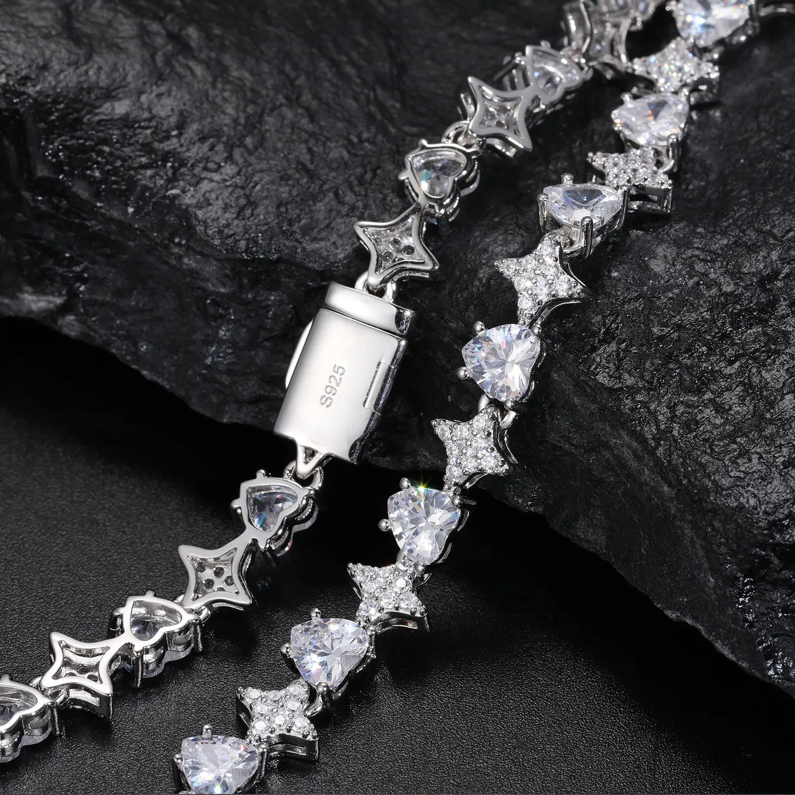 MOISSANITE HEARTS AND STARS TENNIS CHAIN NECKLACE IN STERLING SILVER - Image 3