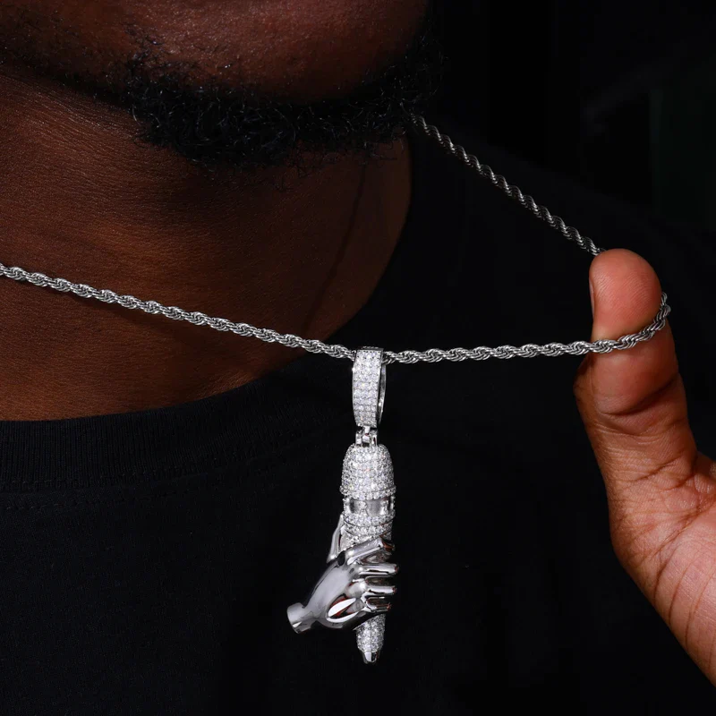 MOISSANITE HIP HOP STYLE MICROPHONE PENDANT IN STERLING SILVER - Image 2