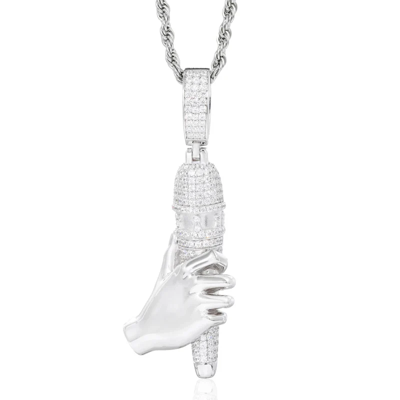 MOISSANITE HIP HOP STYLE MICROPHONE PENDANT IN STERLING SILVER - Image 3