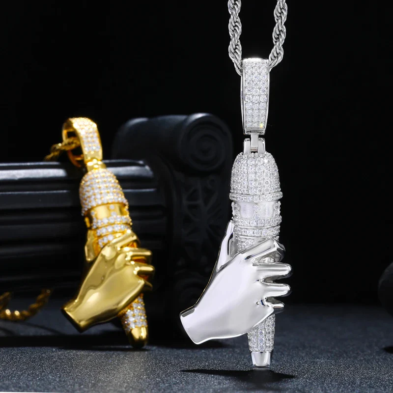 MOISSANITE HIP HOP STYLE MICROPHONE PENDANT IN STERLING SILVER - Image 5