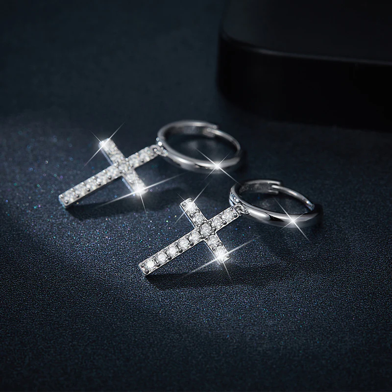 MOISSANITE HOOP CROSS EARRINGS IN STERLING SILVER - Image 3