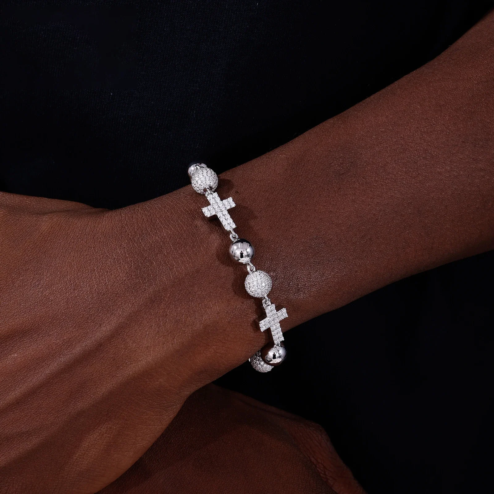 MOISSANITE ICED OUT BALL CROSS LINK BRACELET IN STERLING SILVER - Image 3