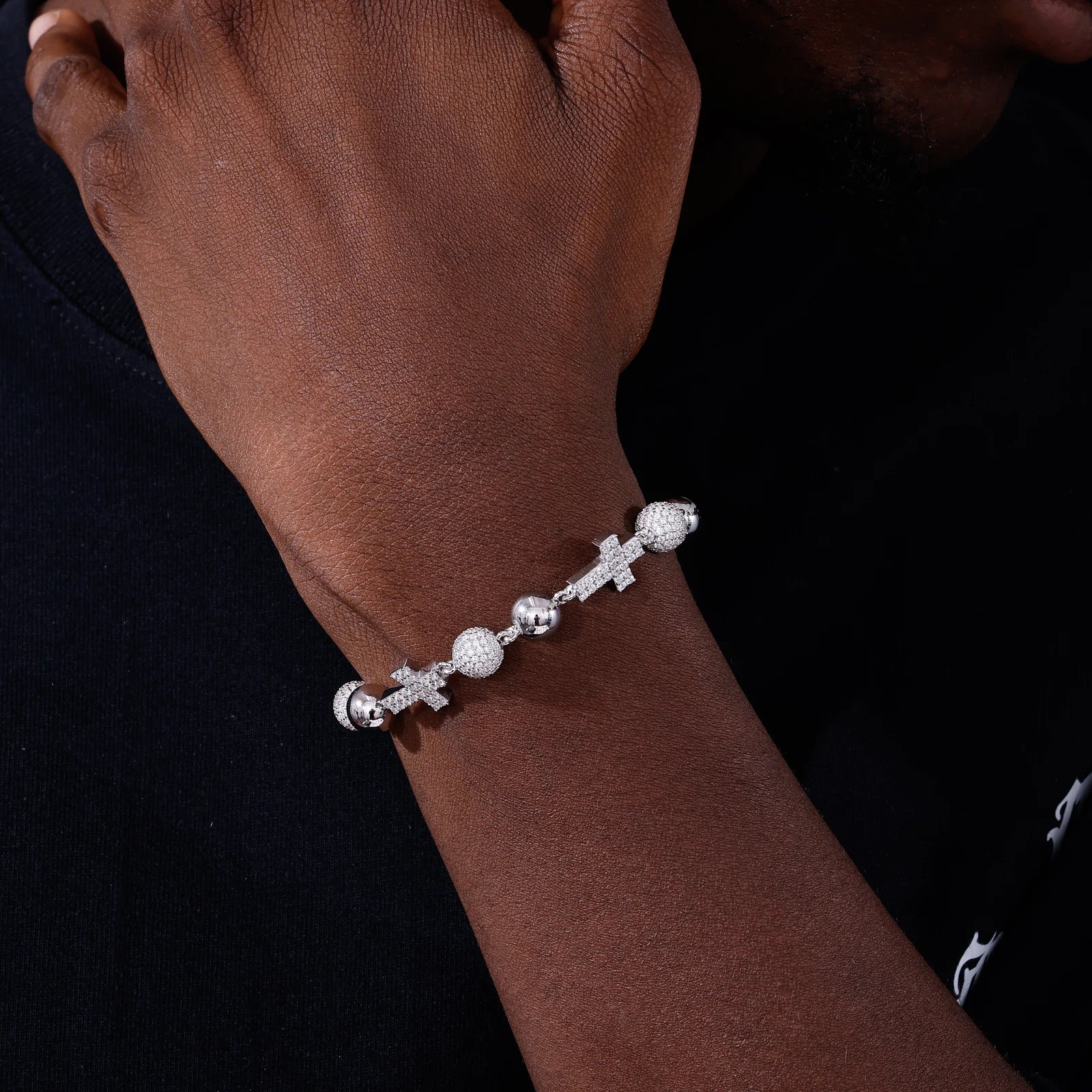 MOISSANITE ICED OUT BALL CROSS LINK BRACELET IN STERLING SILVER - Image 4