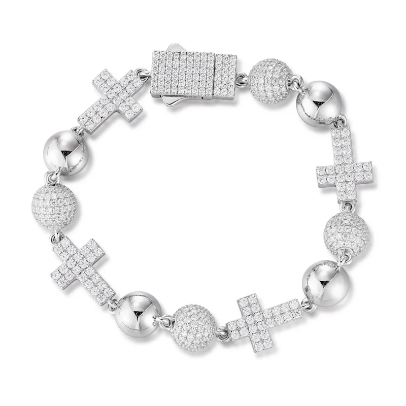 MOISSANITE ICED OUT BALL CROSS LINK BRACELET IN STERLING SILVER - Image 7