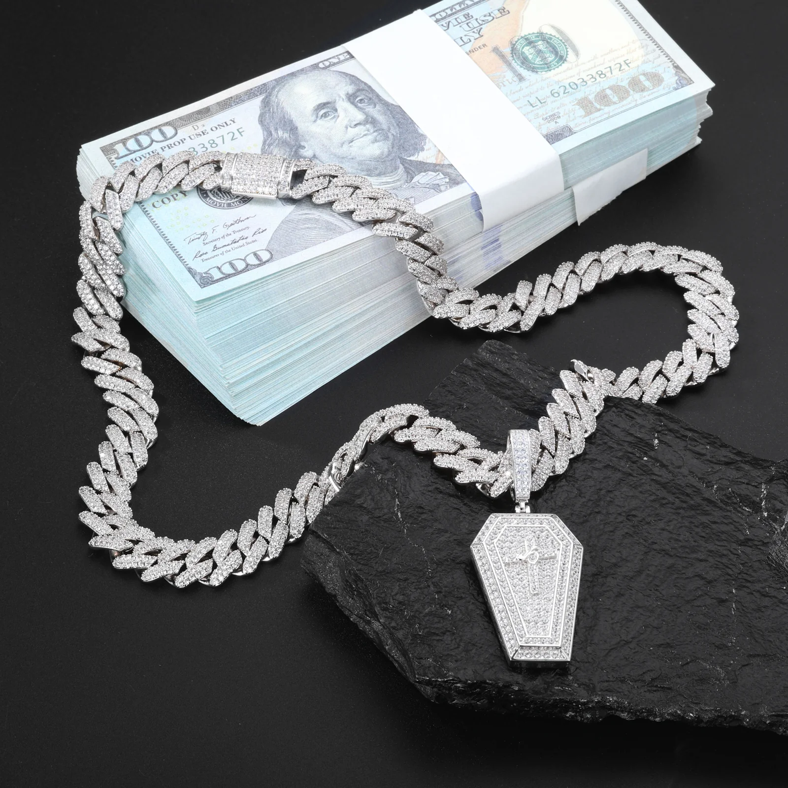 MOISSANITE ICED OUT COFFIN CROSS PENDANT IN STERLING SILVER - Image 4