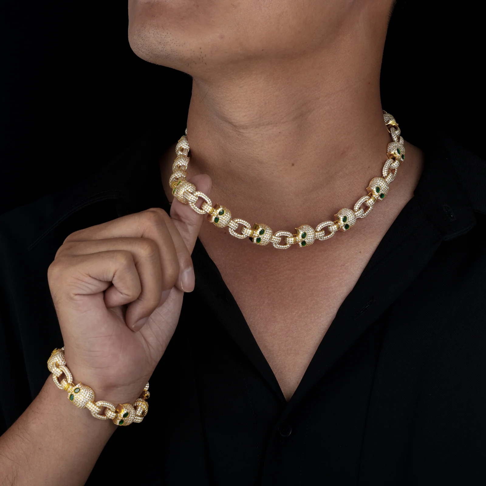 MOISSANITE ICED OUT GREEN EYE SKULL LINK CHAIN NECKLACE BRACELET IN STERLING SILVER - Image 3
