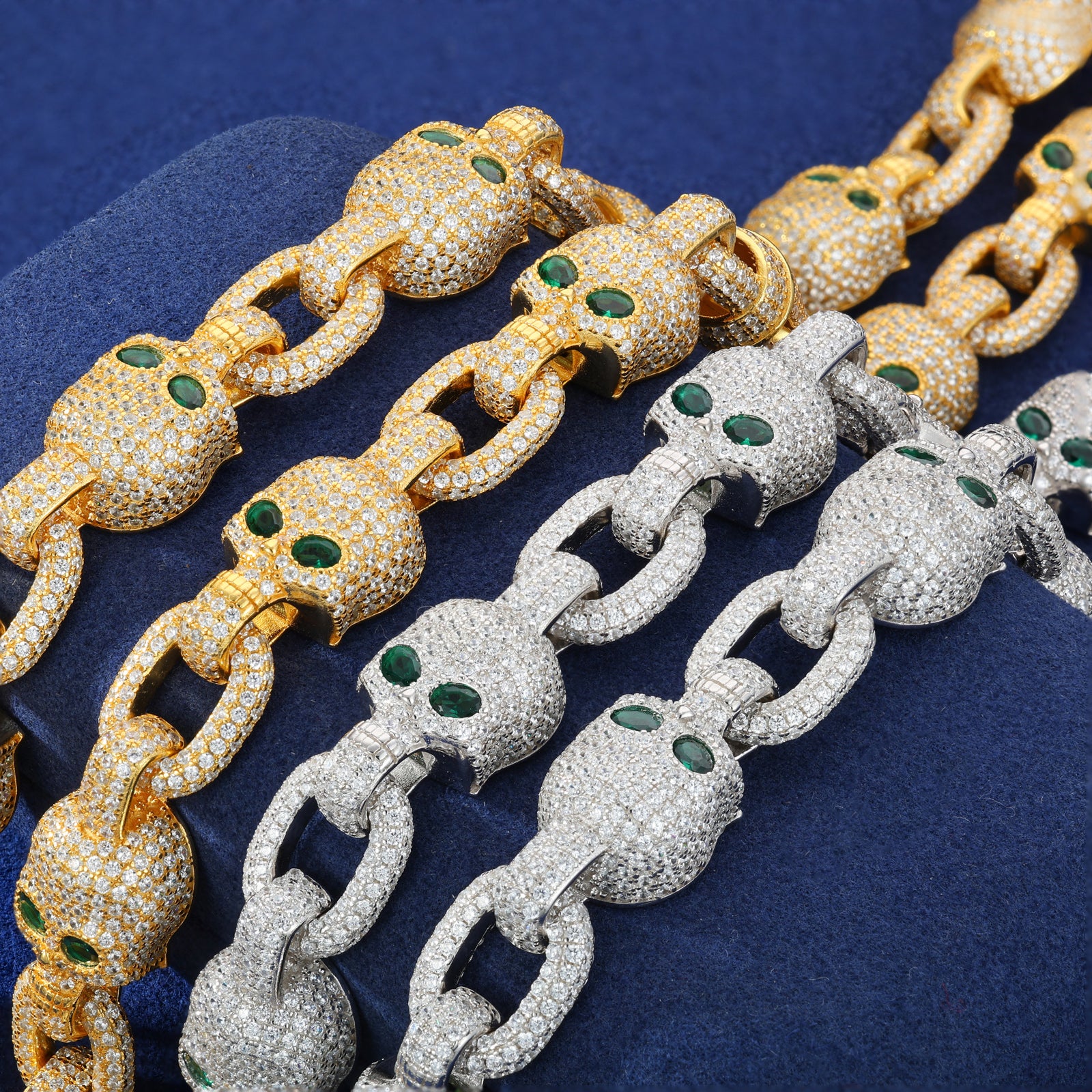 MOISSANITE ICED OUT GREEN EYE SKULL LINK CHAIN NECKLACE BRACELET IN STERLING SILVER - Image 4