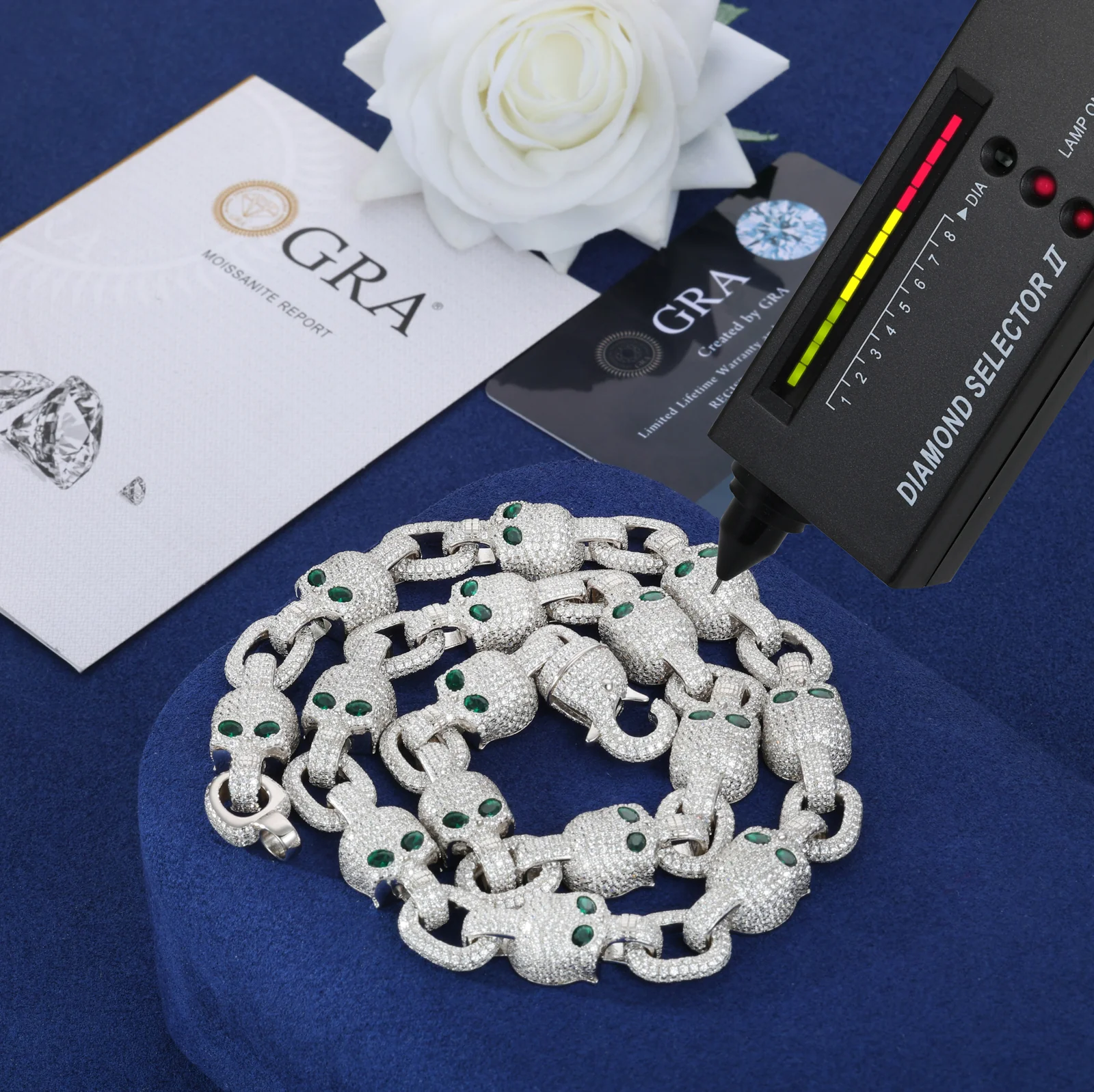 MOISSANITE ICED OUT GREEN EYE SKULL LINK CHAIN NECKLACE BRACELET IN STERLING SILVER - Image 5