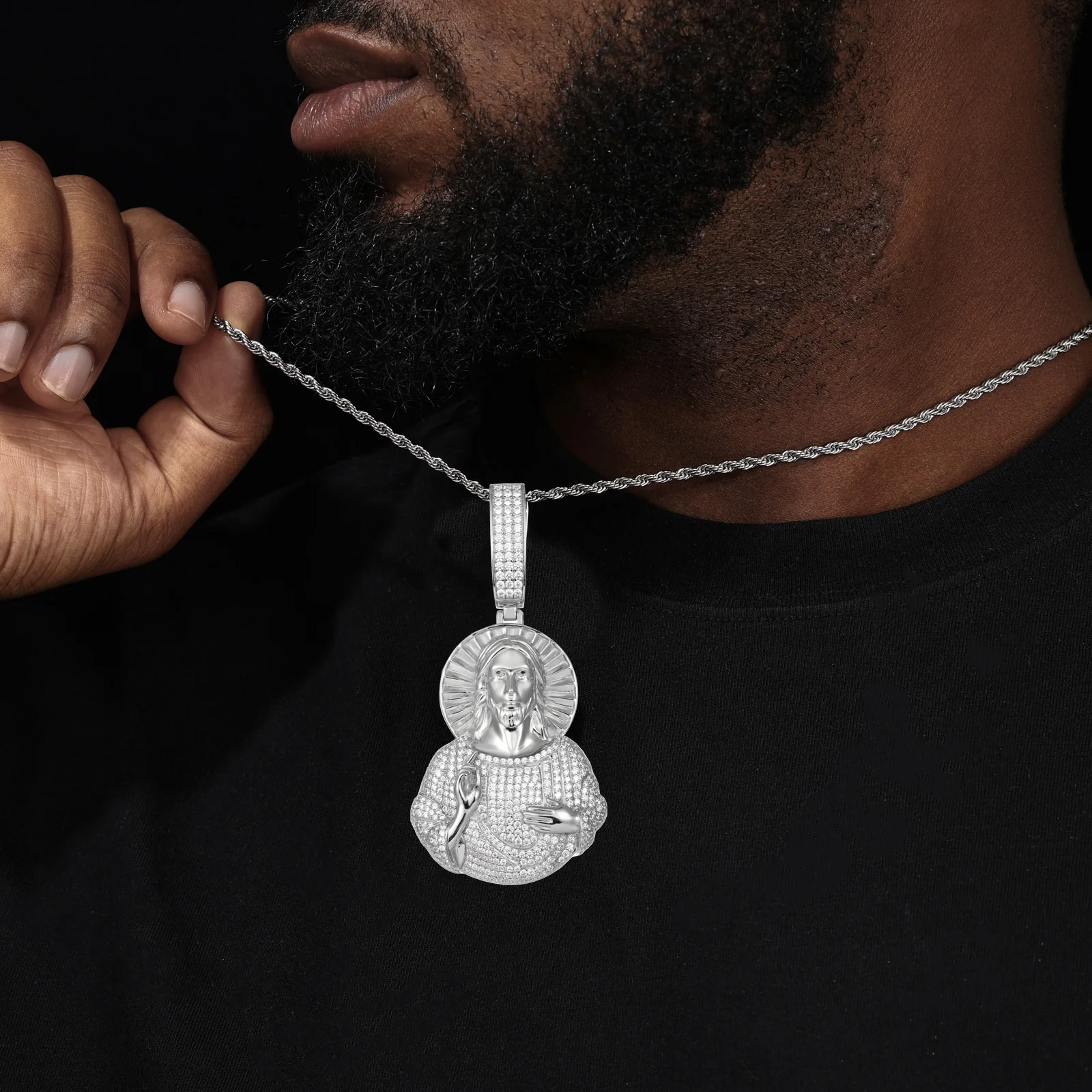 MOISSANITE ICED OUT JESUS CHRIST IDOL PENDANT IN STERLING SILVER - Image 2