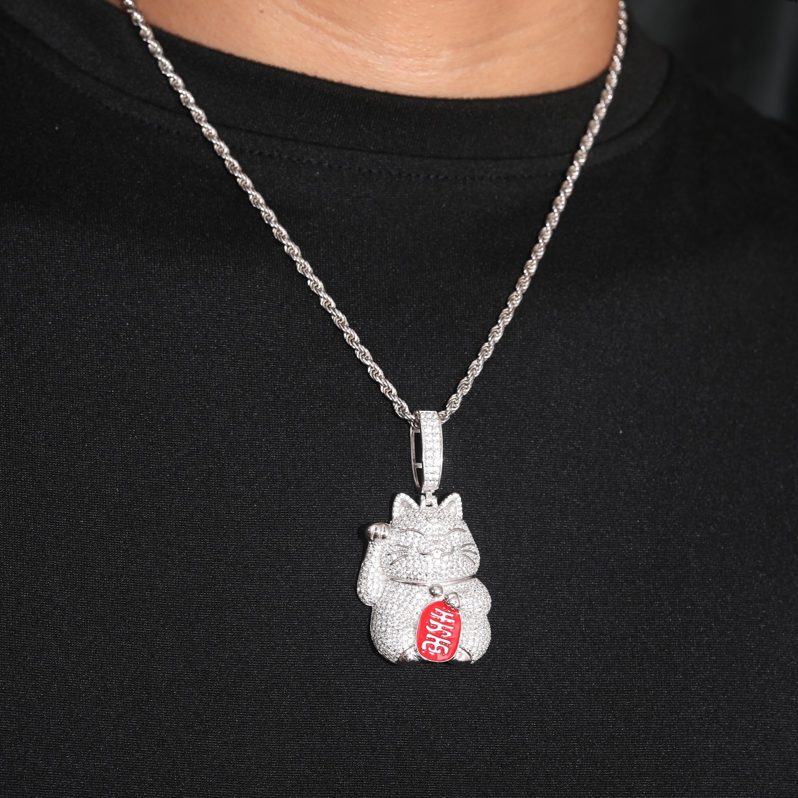 MOISSANITE MASCOT FORTUNE CAT PENDANT IN STERLING SILVER - Image 4