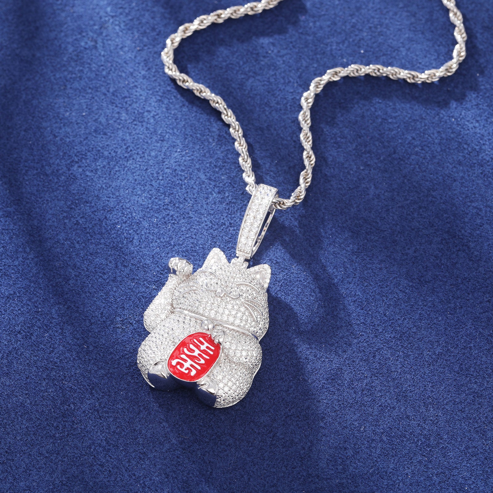 MOISSANITE MASCOT FORTUNE CAT PENDANT IN STERLING SILVER - Image 5