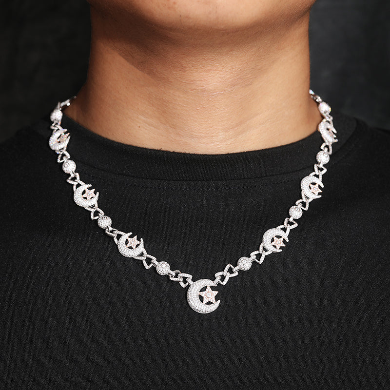MOISSANITE MOON AND STAR CUBAN LINK CHAIN NECKLACE/BRACELET IN STERLING SILVER - Image 2