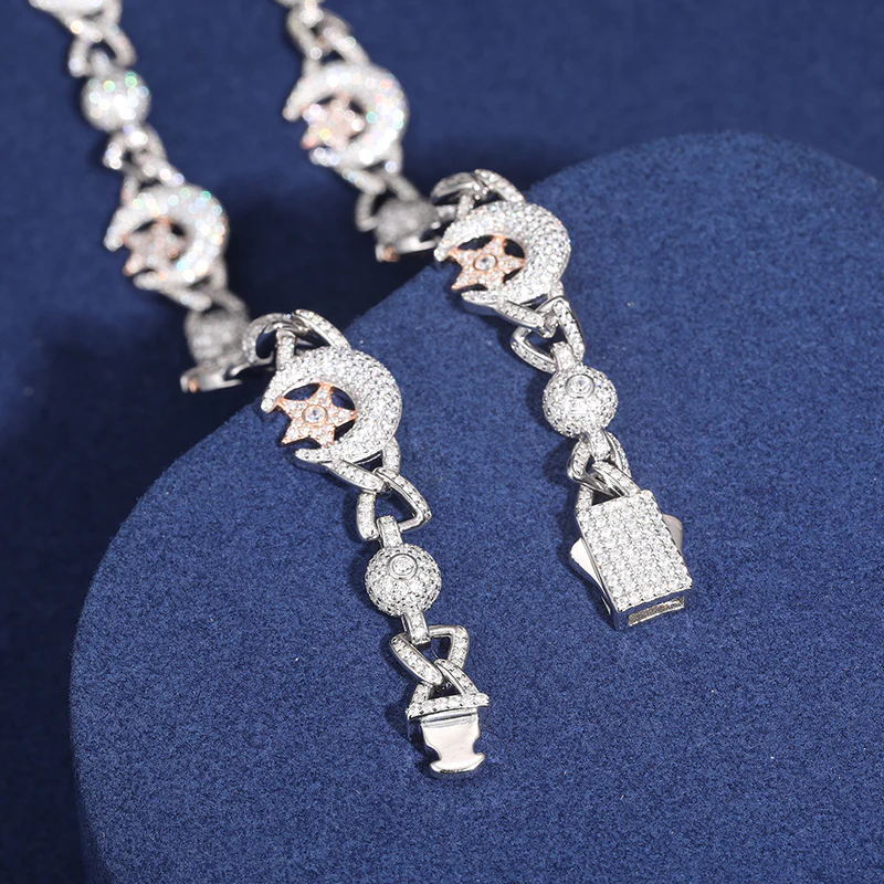 MOISSANITE MOON AND STAR CUBAN LINK CHAIN NECKLACE/BRACELET IN STERLING SILVER - Image 3