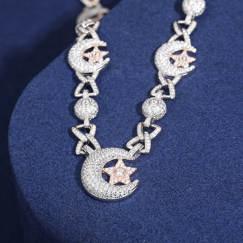 MOISSANITE MOON AND STAR CUBAN LINK CHAIN NECKLACE/BRACELET IN STERLING SILVER - Image 4