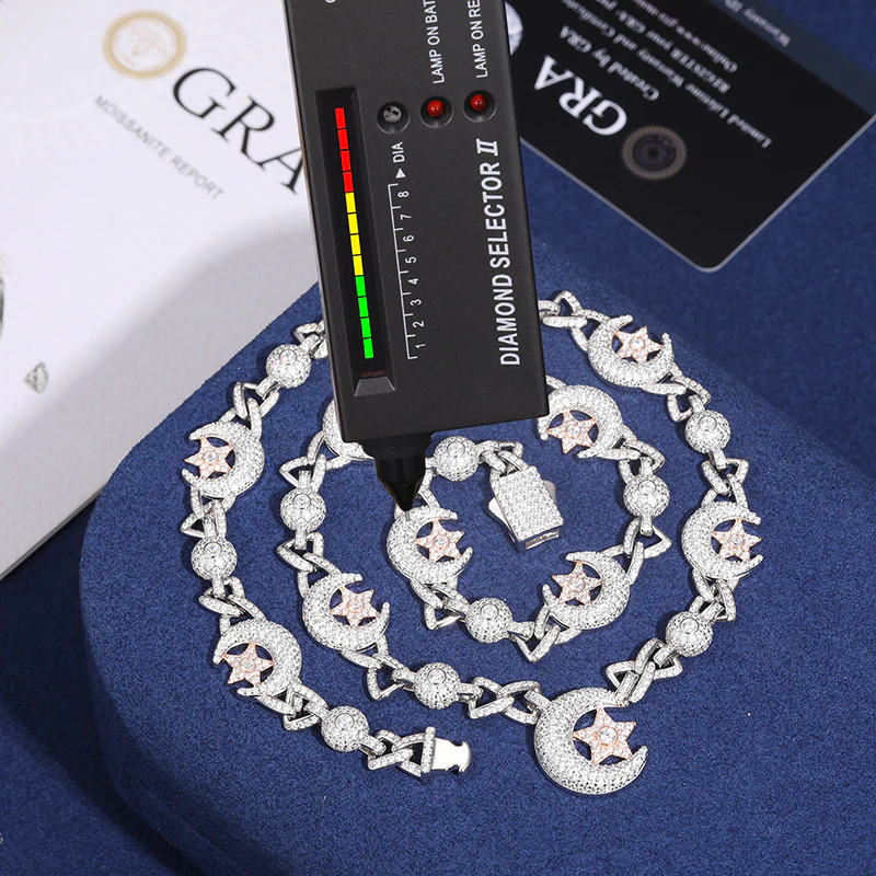 MOISSANITE MOON AND STAR CUBAN LINK CHAIN NECKLACE/BRACELET IN STERLING SILVER - Image 5