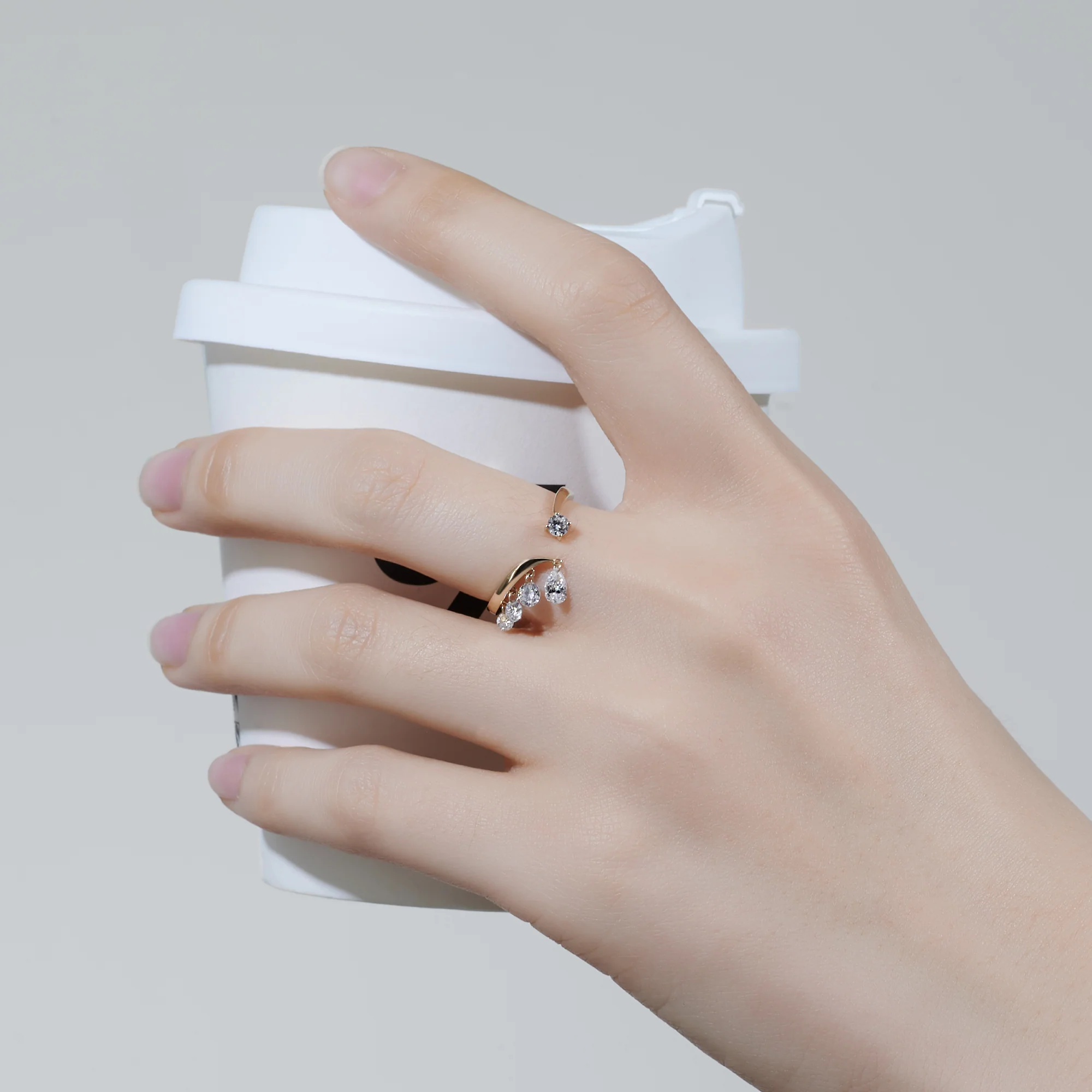 MOISSANITE MULTI DROP OPEN BAND RING IN SOLID GOLD - Image 2