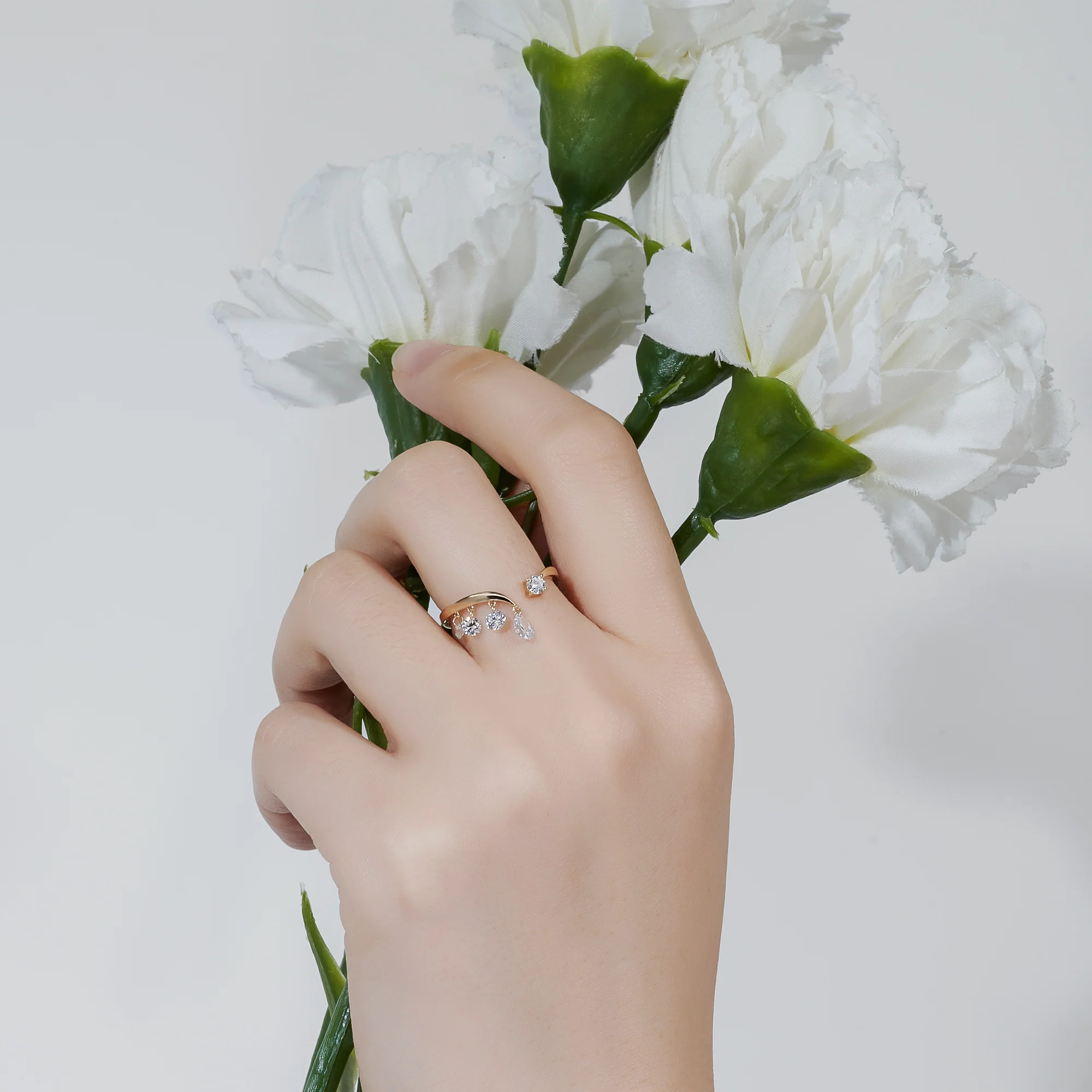 MOISSANITE MULTI DROP OPEN BAND RING IN SOLID GOLD - Image 4