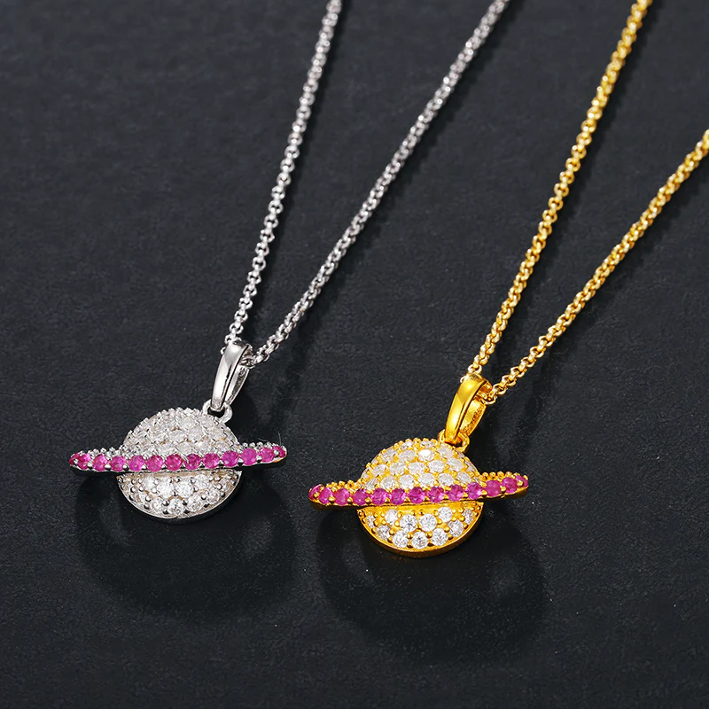 MOISSANITE PINK PLANET SATURN PENDANT NECKLACE IN STERLING SILVER - Image 2