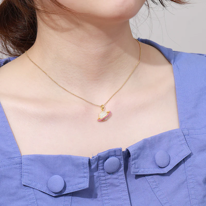 MOISSANITE PINK PLANET SATURN PENDANT NECKLACE IN STERLING SILVER - Image 3