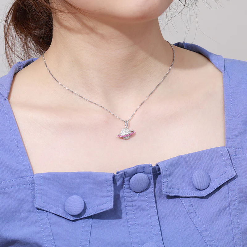 MOISSANITE PINK PLANET SATURN PENDANT NECKLACE IN STERLING SILVER - Image 4