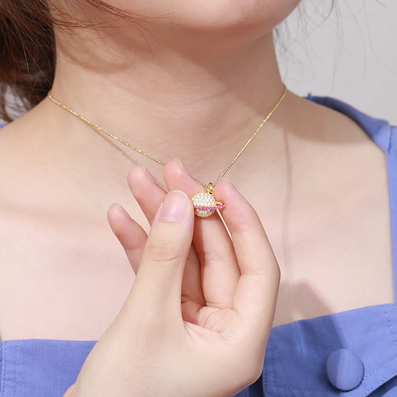 MOISSANITE PINK PLANET SATURN PENDANT NECKLACE IN STERLING SILVER - Image 5