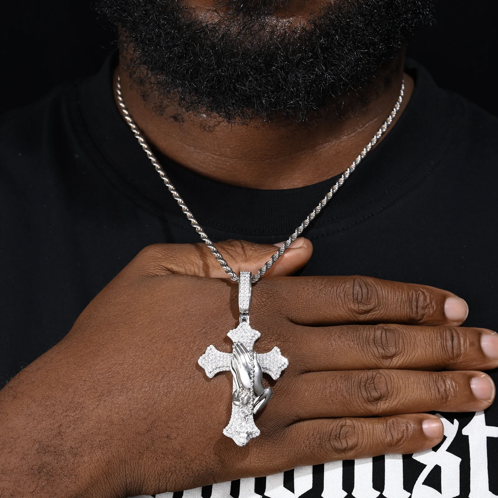 MOISSANITE PRAY HAND CROSS PENDANT IN STERLING SILVER (STYLE 2) - Image 2