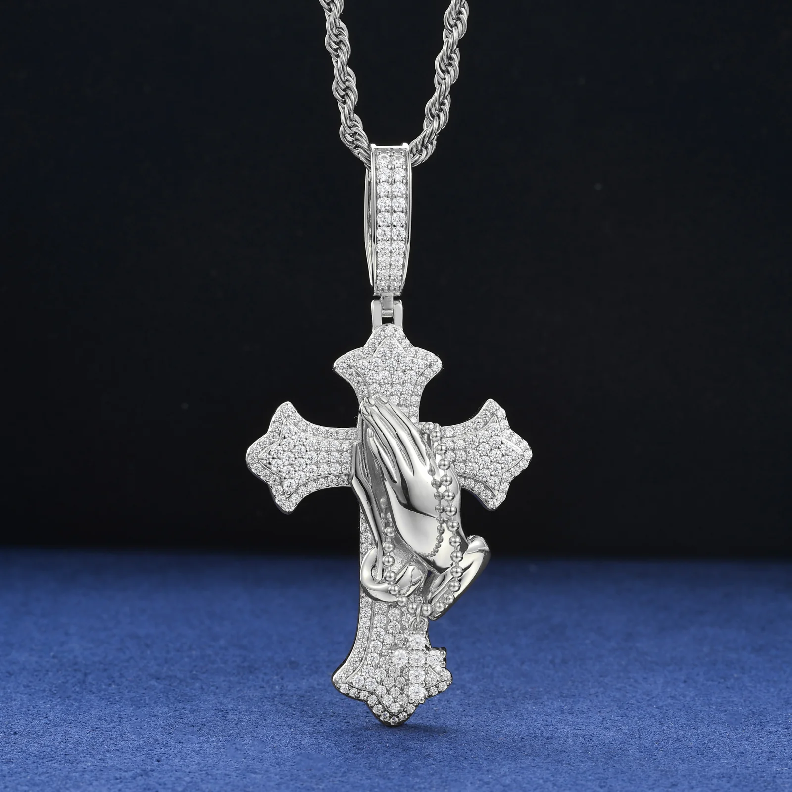 MOISSANITE PRAY HAND CROSS PENDANT IN STERLING SILVER (STYLE 2) - Image 5