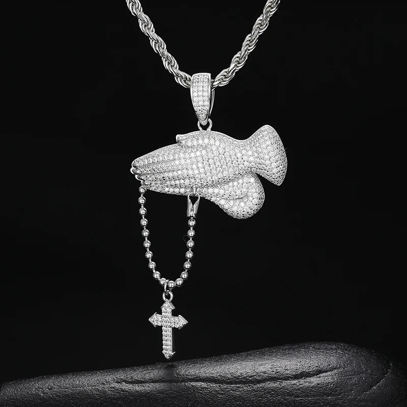 MOISSANITE PRAY HAND CROSS PENDANT NECKLACE IN STERLING SILVER - Image 2