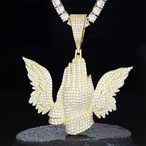 MOISSANITE PRAY HAND WING PENDANT NECKLACE IN STERLING SILVER - Image 4