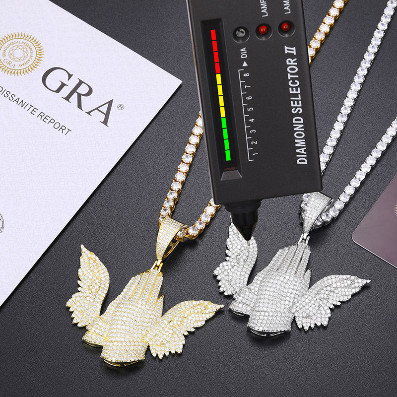 MOISSANITE PRAY HAND WING PENDANT NECKLACE IN STERLING SILVER - Image 5