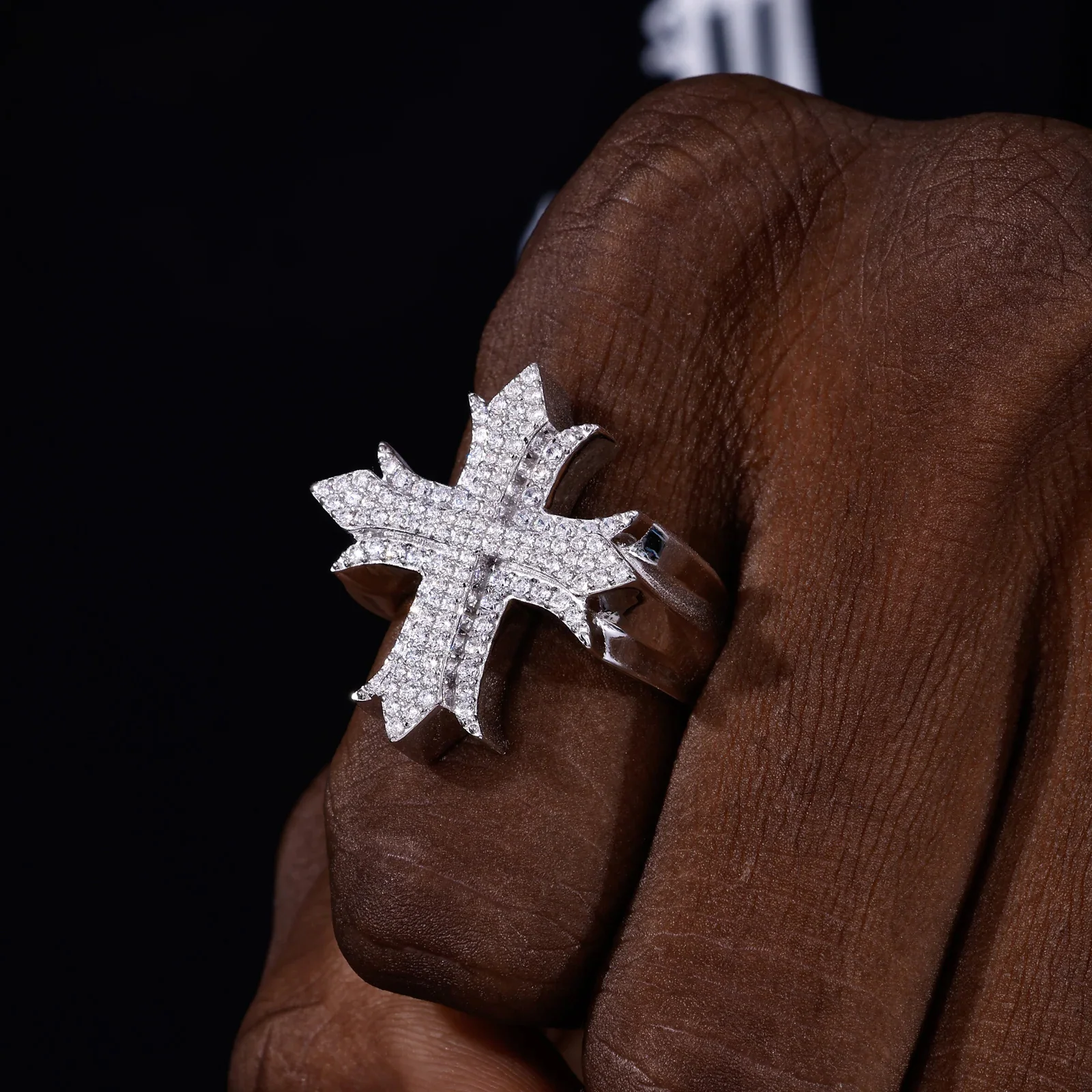 MOISSANITE PRONG SETTING HIP HOP CROSS RING IN STERLING SILVER - Image 2