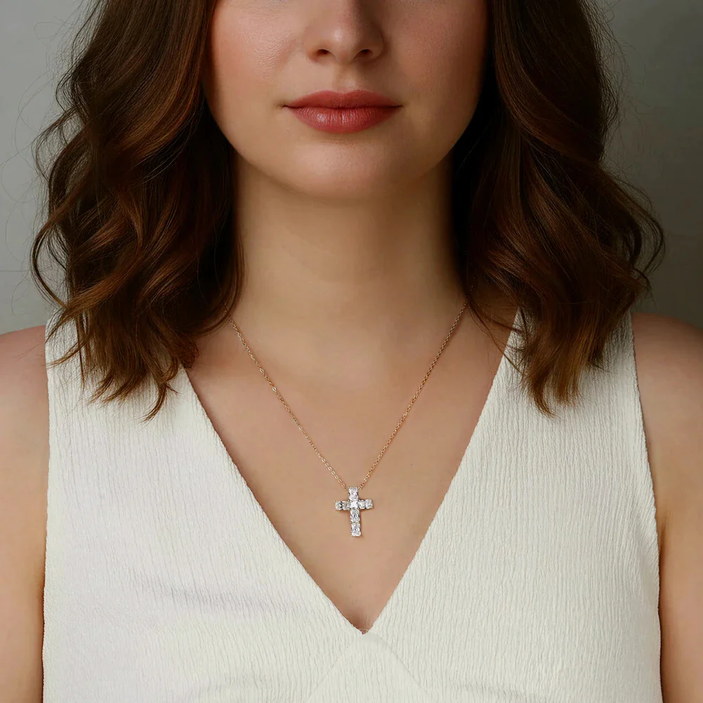 MOISSANITE RADIANT CROSS PENDANT IN STERLING SILVER - Image 2