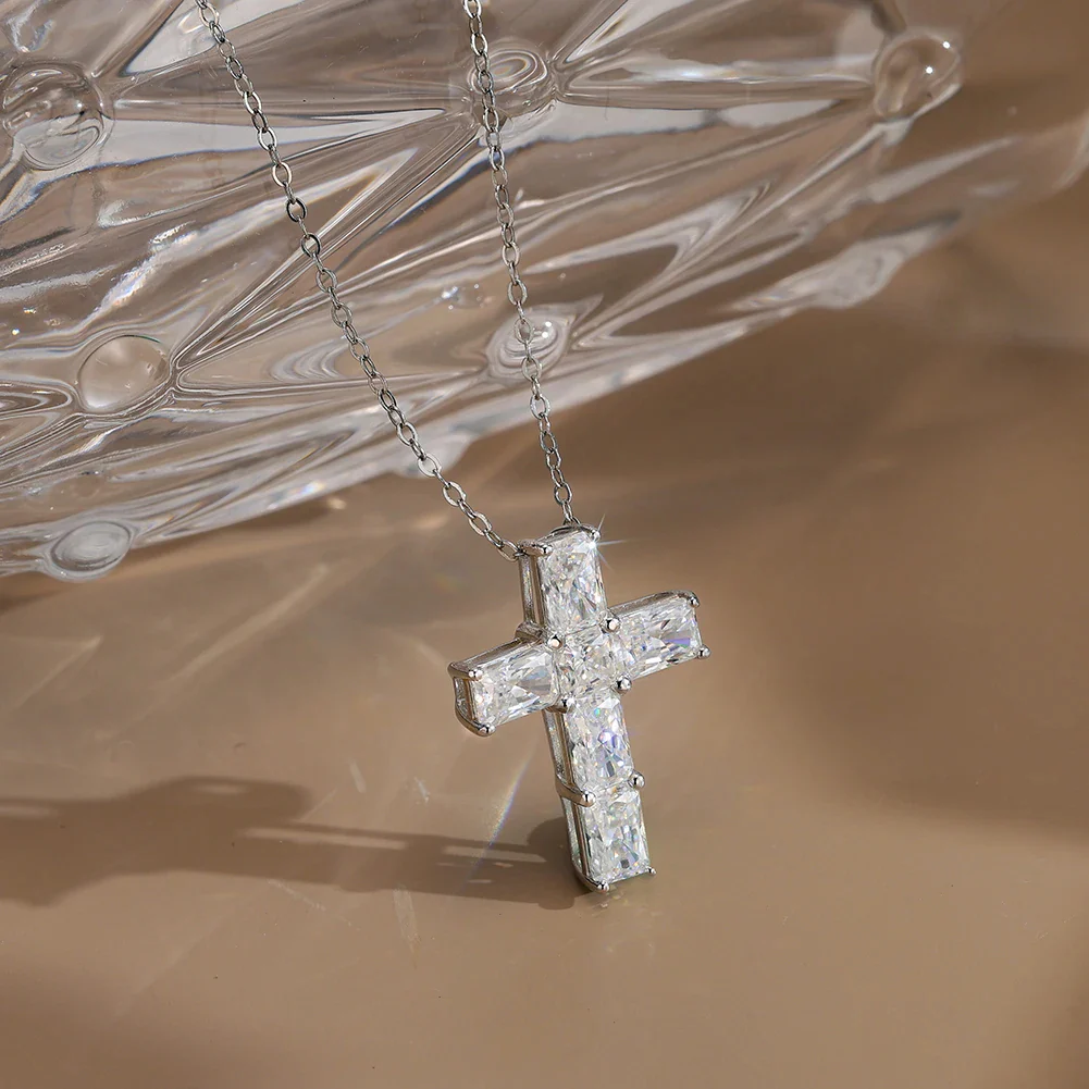 MOISSANITE RADIANT CROSS PENDANT IN STERLING SILVER - Image 3