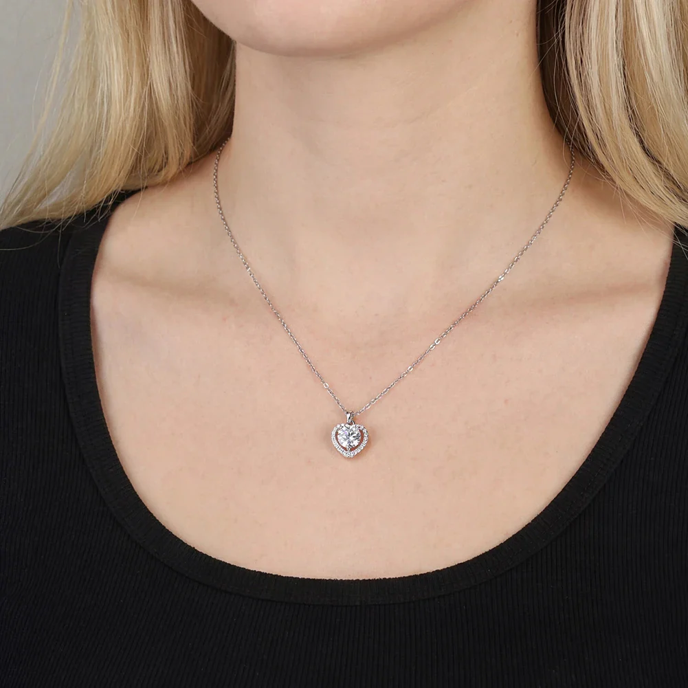 MOISSANITE ROUND BRILLIANT HALO HEART PENDANT IN STERLING SILVER - Image 3