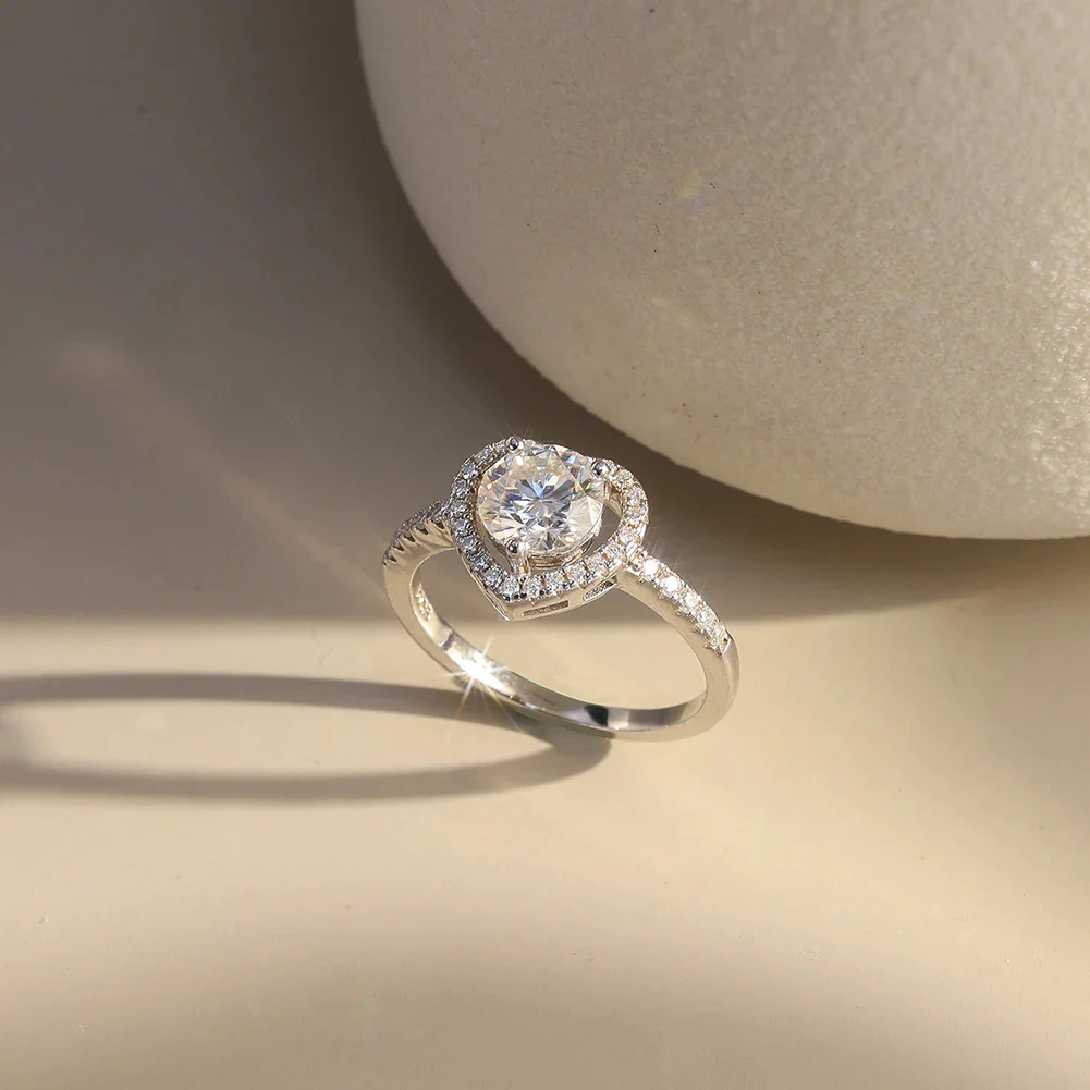 MOISSANITE ROUND BRILLIANT HALO HEART RING IN STERLING SILVER - Image 2