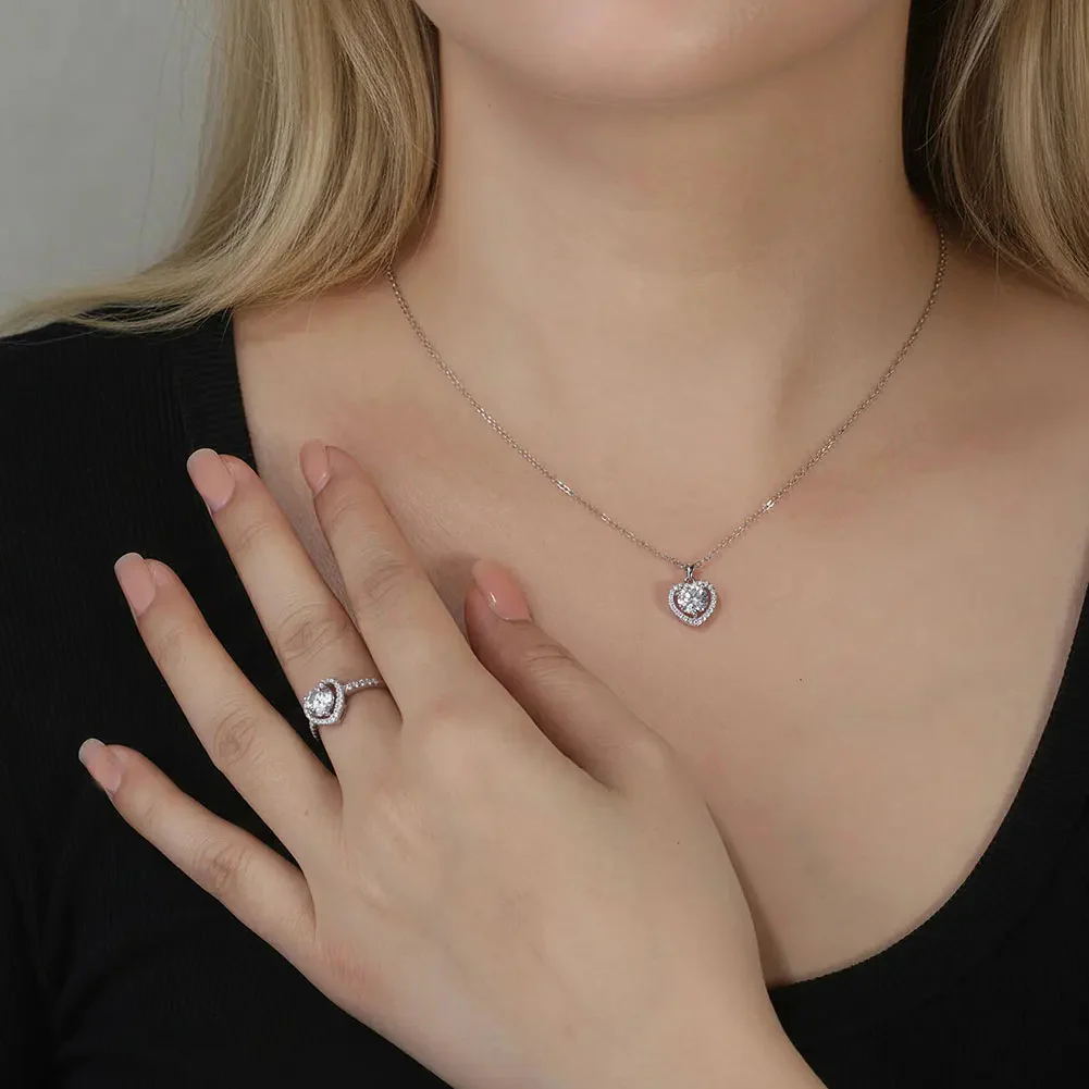 MOISSANITE ROUND BRILLIANT HALO HEART RING IN STERLING SILVER - Image 3