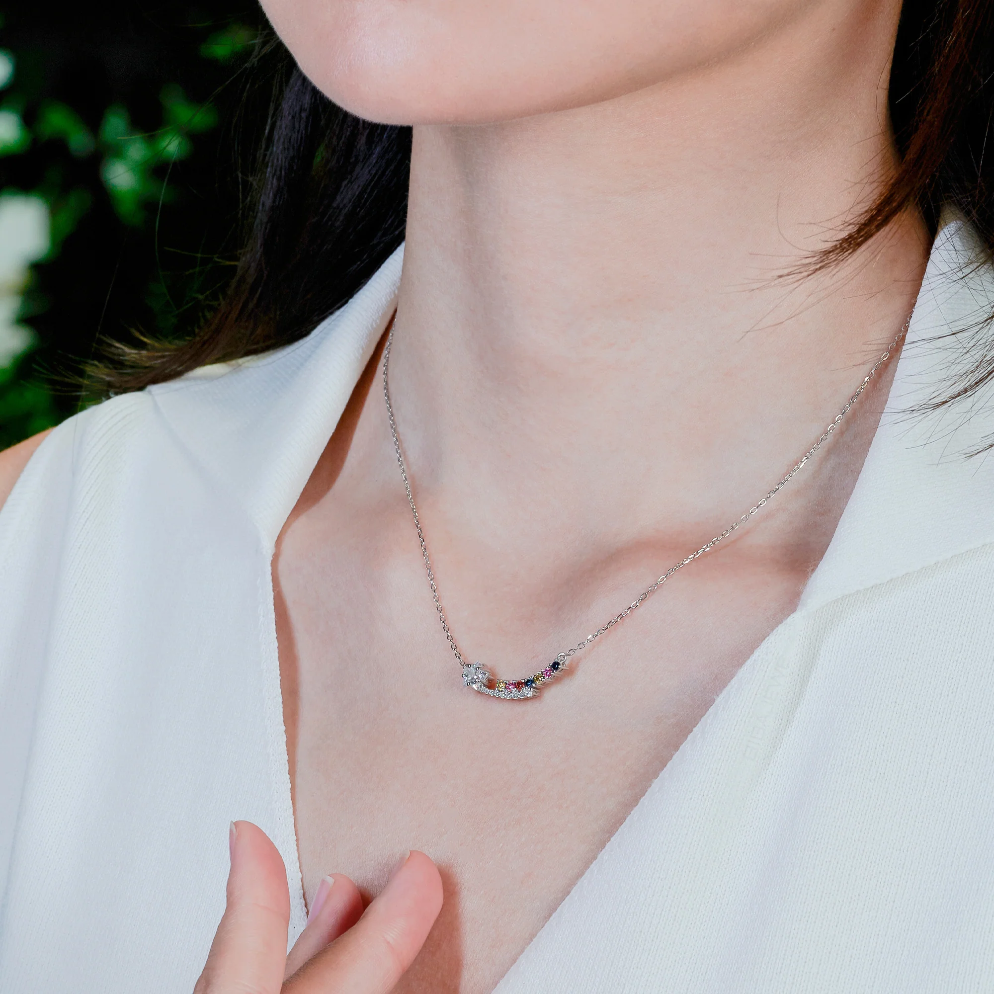 MOISSANITE STAR CUT RAINBOW NECKLACE IN STERLING SILVER - Image 2