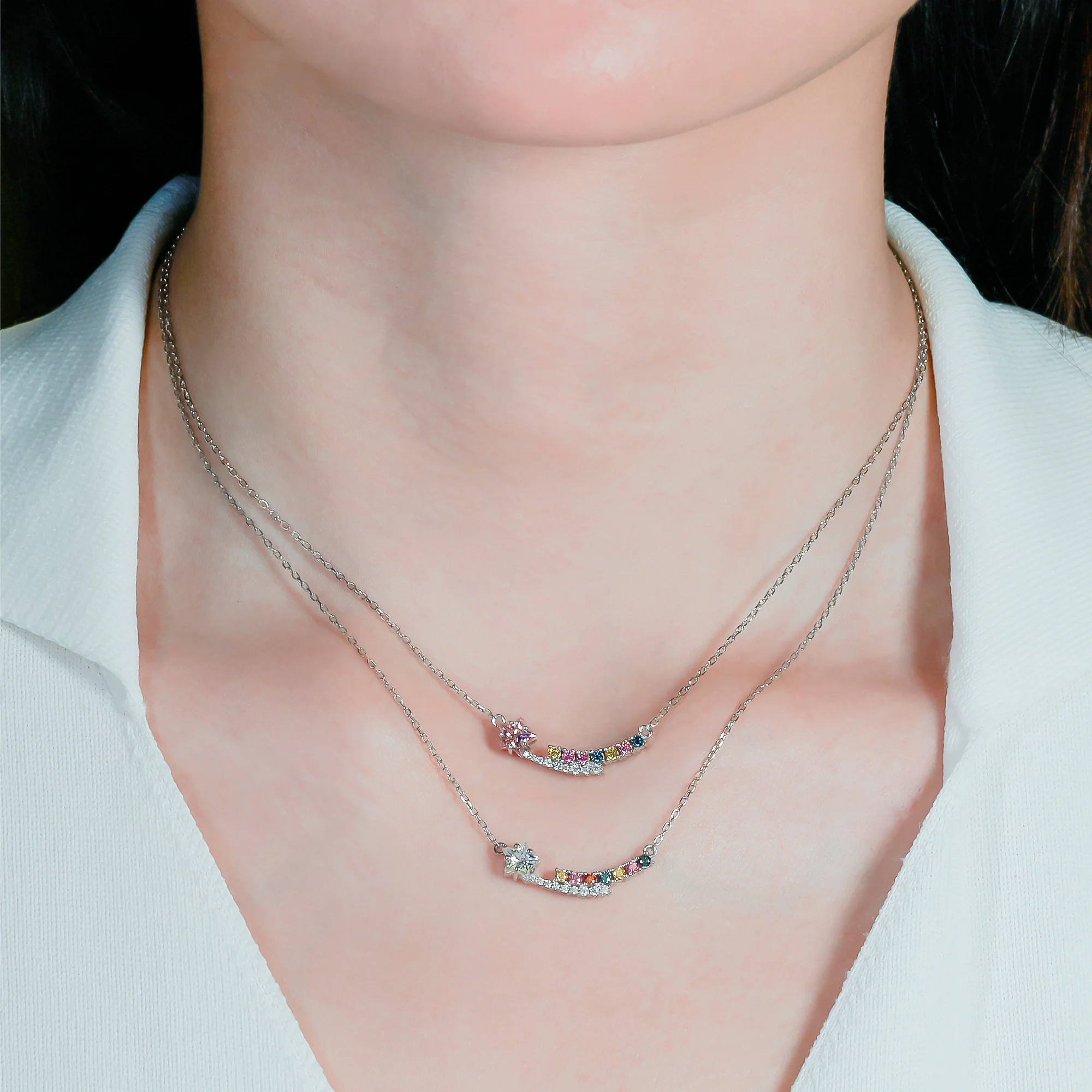 MOISSANITE STAR CUT RAINBOW NECKLACE IN STERLING SILVER - Image 3