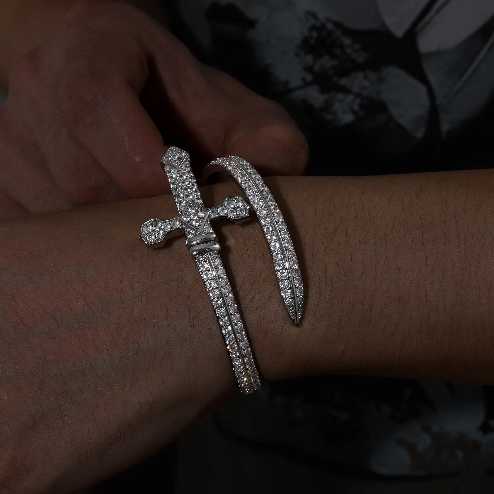 MOISSANITE SWORD CROSS BANGLE BRACELET IN STERLING SILVER - Image 3