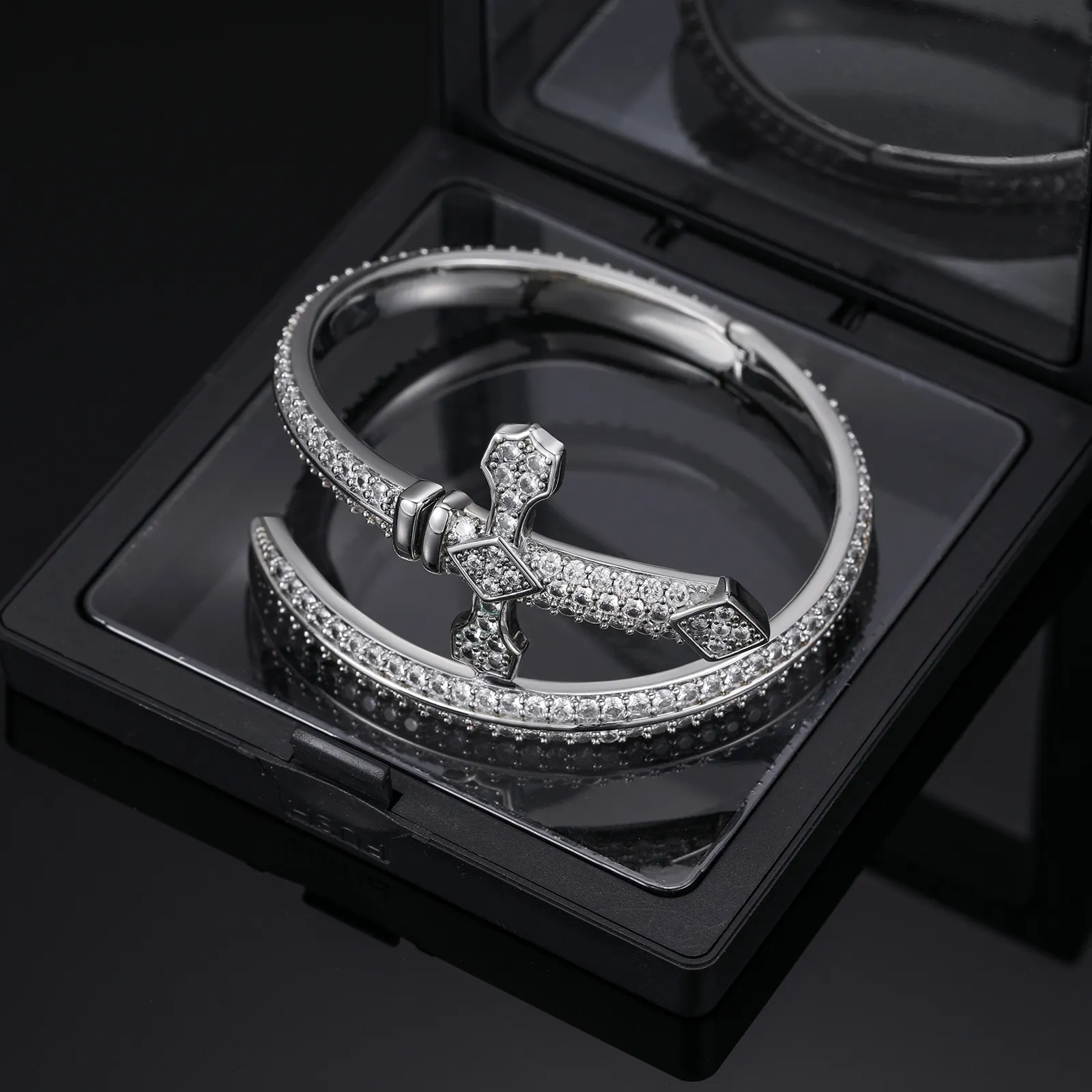 MOISSANITE SWORD CROSS BANGLE BRACELET IN STERLING SILVER - Image 4