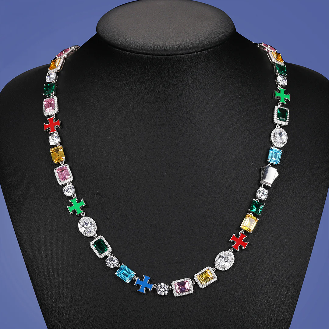 MOISSANITE TENNIS LINK CHAIN NECKLACE WITH MIX GEMSTONE IN STERLING SILVER - Image 2