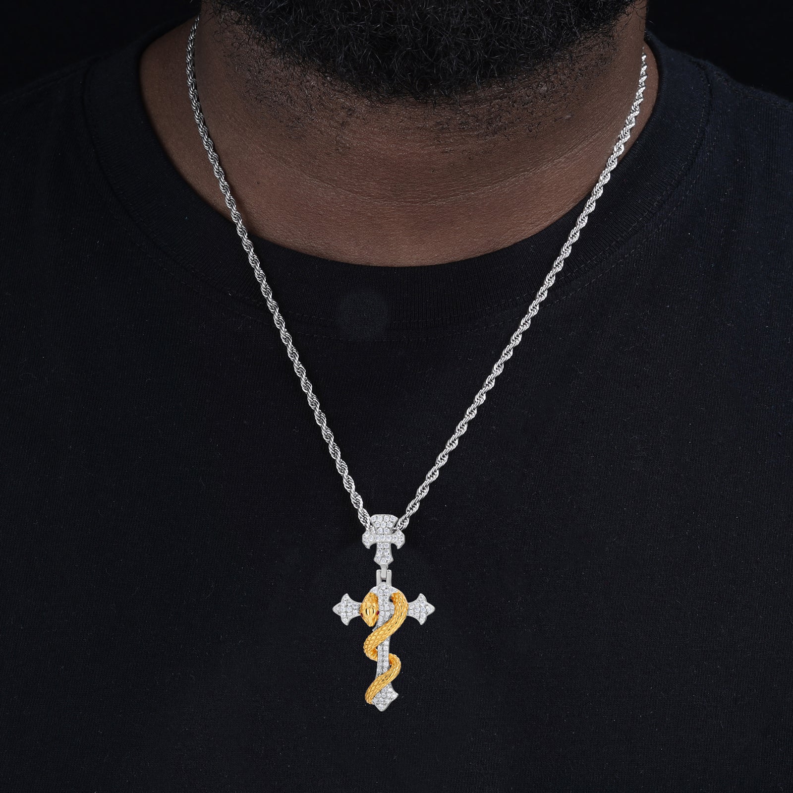 MOISSANITE TWO-TONE SNAKE CROSS STAFF PENDANT IN STERLING SILVER - Image 2