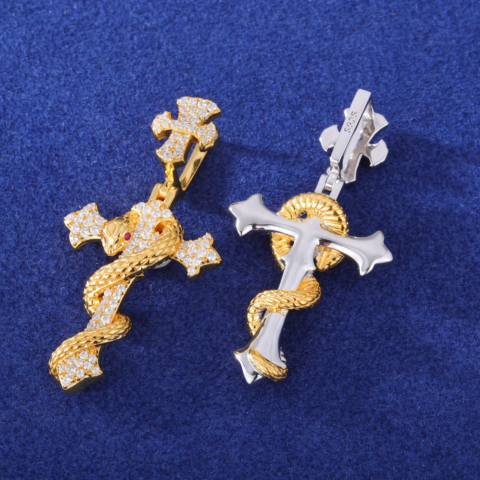 MOISSANITE TWO-TONE SNAKE CROSS STAFF PENDANT IN STERLING SILVER - Image 3