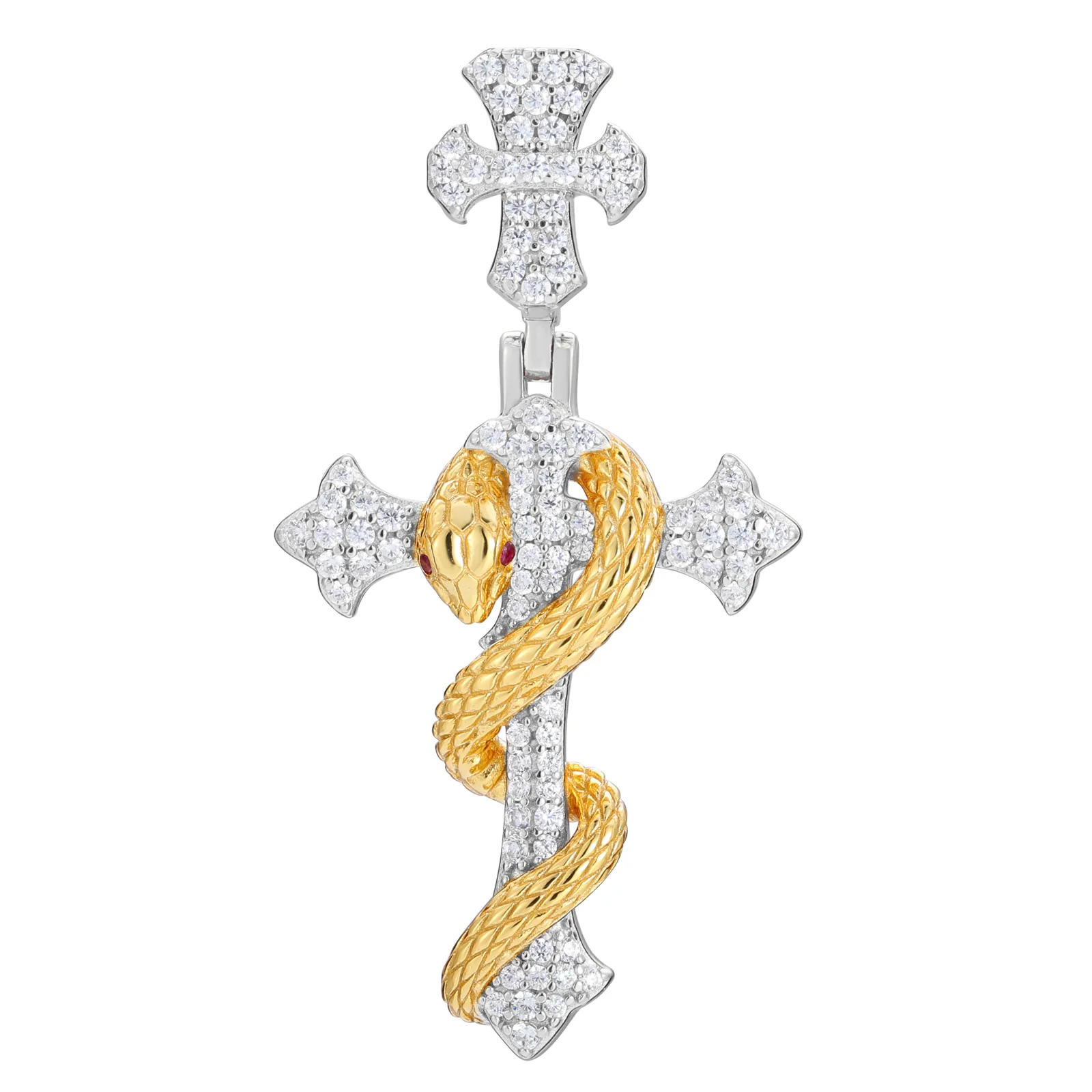MOISSANITE TWO-TONE SNAKE CROSS STAFF PENDANT IN STERLING SILVER - Image 5