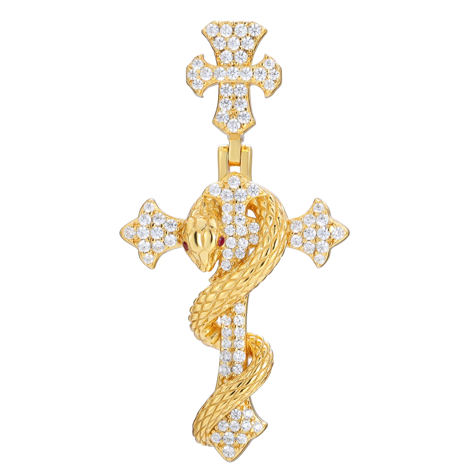 MOISSANITE TWO-TONE SNAKE CROSS STAFF PENDANT IN STERLING SILVER - Image 6