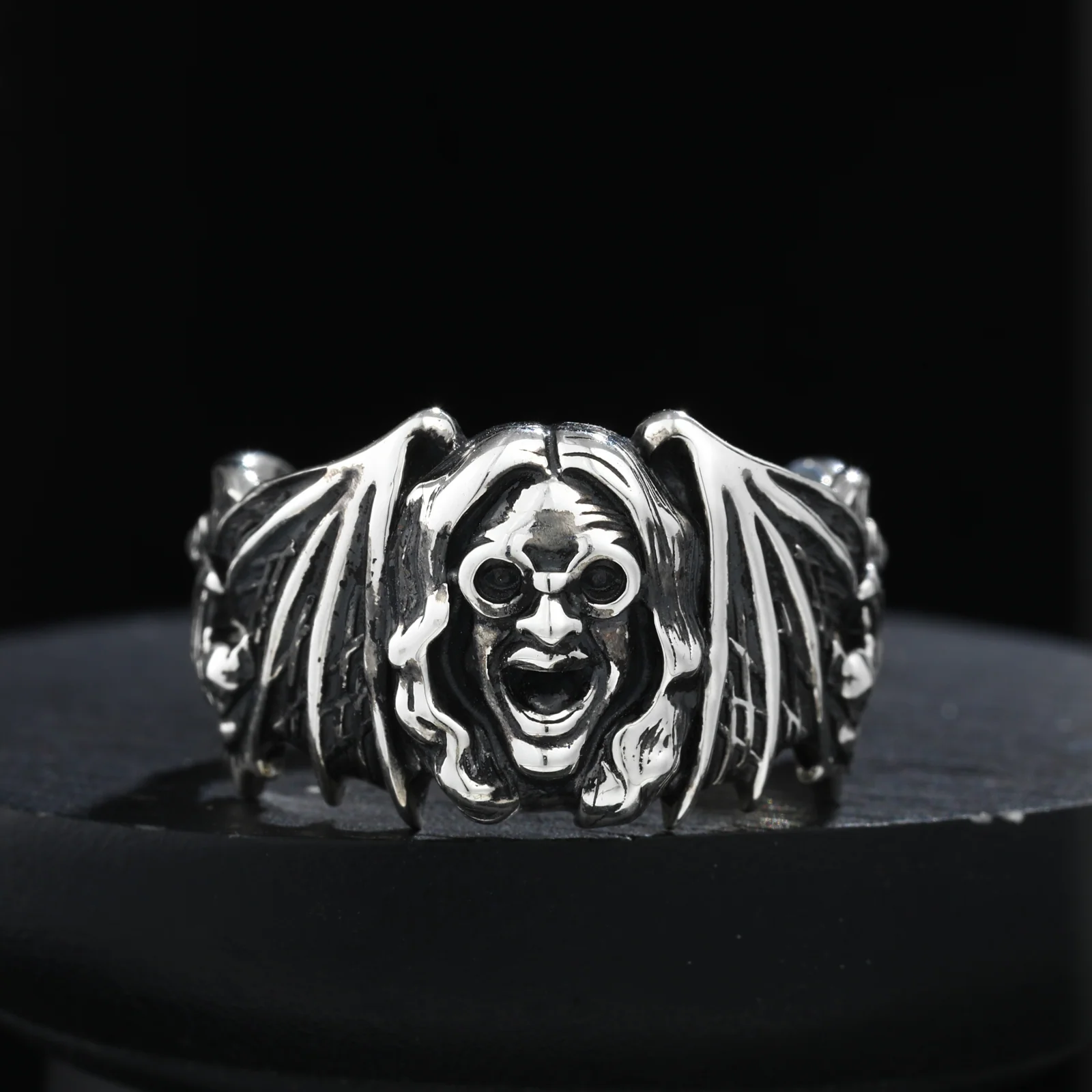 MOISSSANITE GOTHIC WINGED VAMPIRE RING IN STERLING SILVER