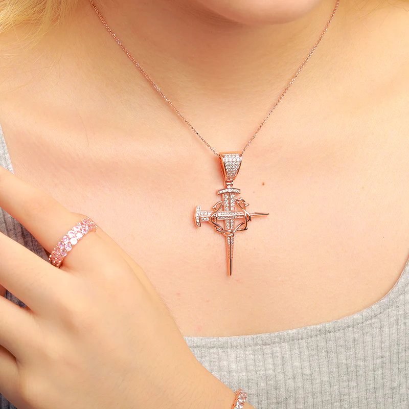 MOISSANITE NAIL INSET CIRCULAR CROSS PENDANT NECKLACE IN STERLING SILVER - Image 3
