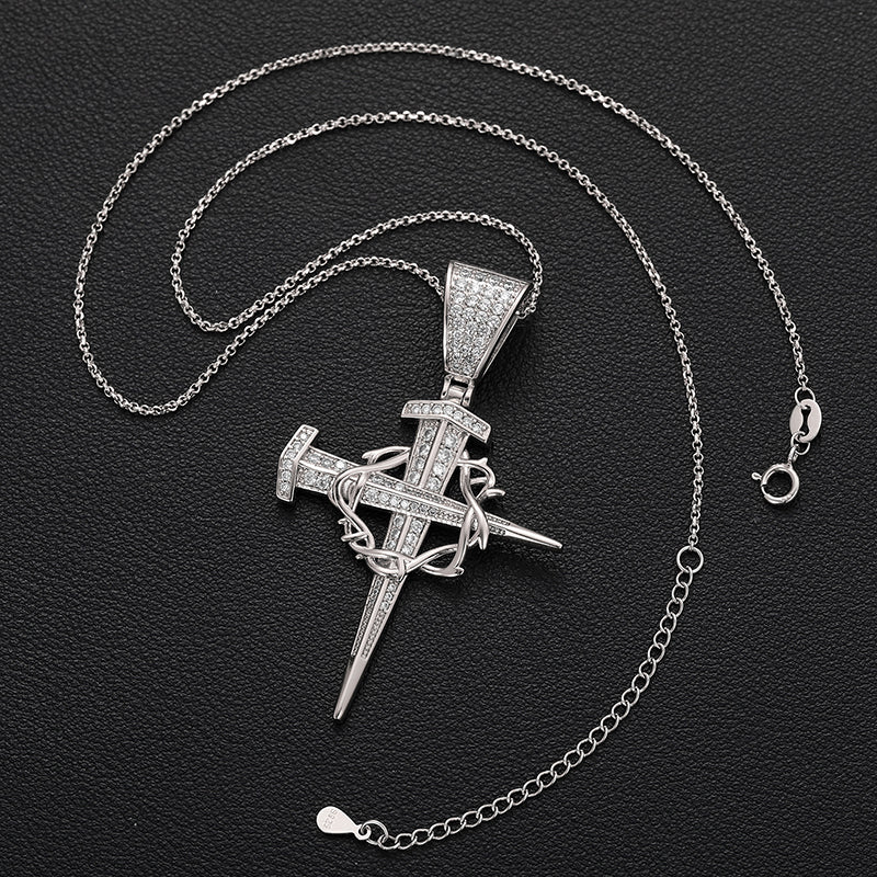 MOISSANITE NAIL INSET CIRCULAR CROSS PENDANT NECKLACE IN STERLING SILVER - Image 5