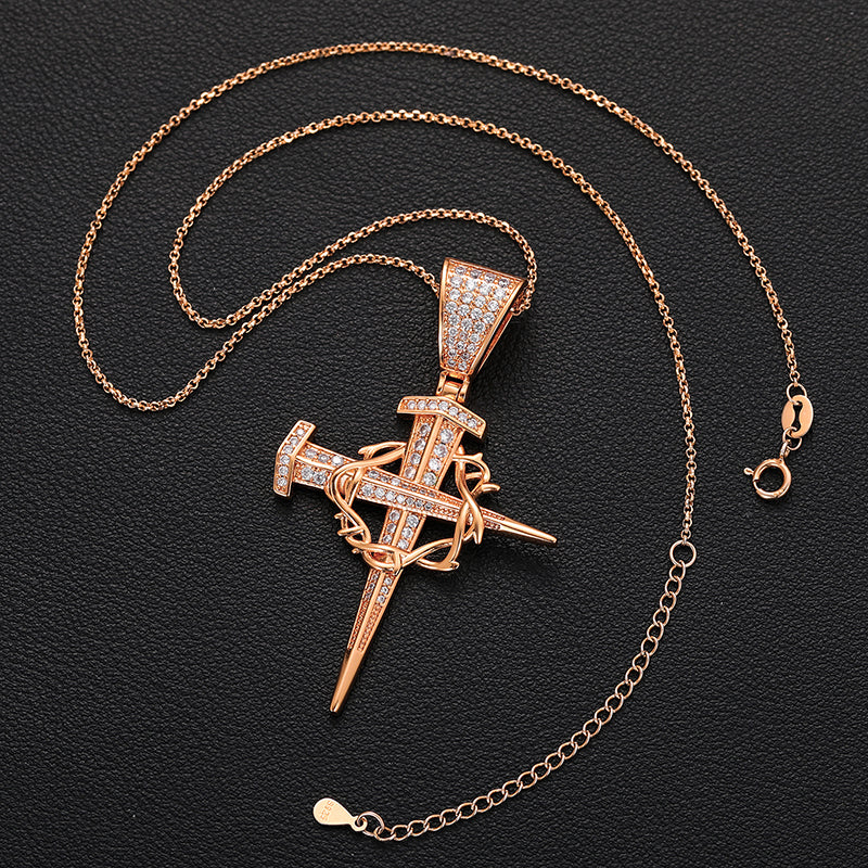 MOISSANITE NAIL INSET CIRCULAR CROSS PENDANT NECKLACE IN STERLING SILVER - Image 7